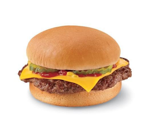 Cheeseburger · One 100% beef patty topped with melted cheese, pickles, ketchup, and mustard served on a warm toasted bun.