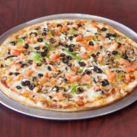 Traditional Vegetarian Pizza · Olives, onions, tomatoes, mushrooms and bell peppers.