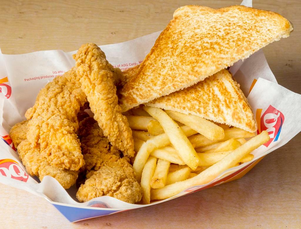 Chicken Strip Basket - 4 Pieces		 · A DQ® signature, 100% all-tenderloin white meat chicken strips are served with crispy fries, Texas toast, and your choice of dipping sauce, such as our warm country gravy.