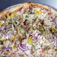 Spicy Mediterranean Pizza · Grilled chicken, red onions, banana peppers, feta cheese, artichokes and mozzarella.