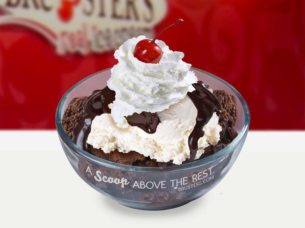 Hot Fudge Brownie Sundae · Brownie with 2 scoops of vanilla ice cream topped with hot fudge, whipped cream, and a cherry on top