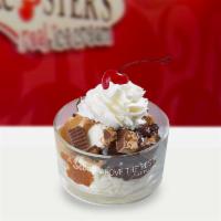 Peanut Butter Cup Sundae · Your favorite flavor ice cream topped with Reese’s chunks, yummy peanut butter, fudge and wh...