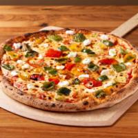 Roasted Veggie Pizza · Tomato sauce, mozzarella, roasted vegetables and goat cheese.
