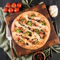 White Veggie Pizza · Roasted red peppers, onions, tomatoes, mushrooms, broccoli, Kalamata olives  and a
combinati...