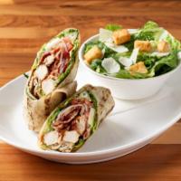 Grilled Chicken Dijon Wrap · Served with all white meat, lettuce, tomato, red onion, apple wood smoked bacon and honey Di...