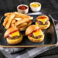 Cheeseburgers Sliders · Bite sized burgers on mini brioche buns with ketchup and mustard. Served with french fries.