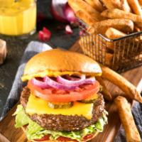 All American Burger · The classic with American cheese, ketchup, mustard, pickles, sliced red onions, crispy lettu...