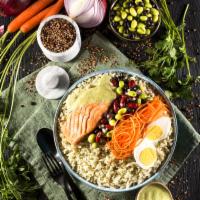 Select Salmon Bowl · Baked salmon, cilantro lime rice, three bean salad, boiled egg and thinly sliced carrots. Se...
