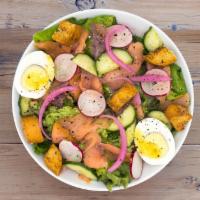 Smoked Salmon Salad · Lettuce, sustainable smoked salmon, organic hard boiled egg, radish, cucumber, pickled red o...