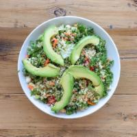 Quinoa Bowl Salad · quinoa, kale, carrots, cucumber, feta, avocado, green peppers, tomatoes, scallion, mint, cil...