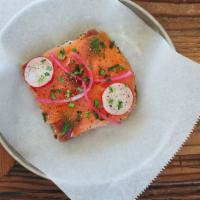 Salmon Toast · sustainable smoked salmon, avocado, pickled red onions, dill, sprouted bread