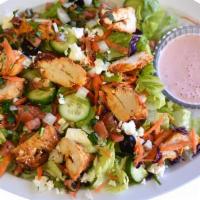 Chicken Salad · Romaine, sliced chicken kebabs, feta cheese, California olives, tomato, onion, cucumber and ...