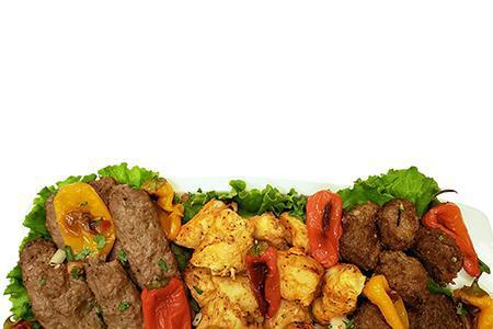 Kebab Platter Combo · Chicken, beef lula, lamb kebab, salad, pilaf and hummus. Gluten free.