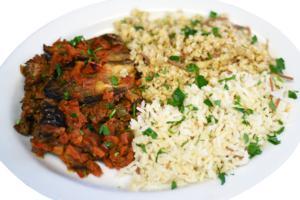 Musaka · Eggplant with ground beef and lamb. Comes with choice of side. Gluten free.