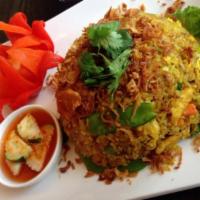 Curry Fried Rice · Your choice of protein, tofu or vegetables, stir-fried with rice, curry, egg, onions, tomato...