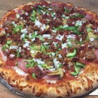 The Works Pizza · Pepperoni, ham, green peppers, Italian sausage, mushrooms, bacon, onions, our original sauce...