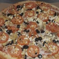 Garden Pizza · Mushrooms, black olives, onions, sliced tomatoes, our original sauce and signature three che...
