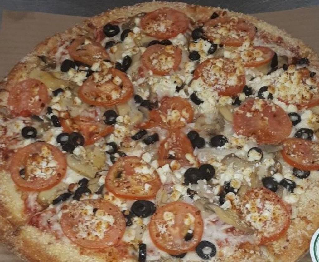 Garden Pizza · Mushrooms, black olives, onions, sliced tomatoes, our original sauce and signature three cheeses, plus feta.