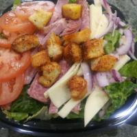 Italian Chef Salad Family Size (serves 3-4) · Fresh-cut lettuce blend, ham, salami, provolone cheese, sliced tomatoes, red onions and crou...