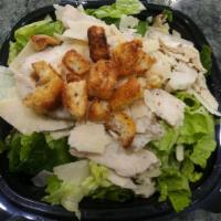 Chicken Caesar Salad Family Size (serves 3-4) · Fresh-cut lettuce blend, grilled chicken, Parmesan cheese and croutons made daily; served wi...