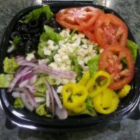 Greek Salad · Fresh-cut lettuce blend, feta cheese crumbles, black olives, sliced tomatoes, red onions and...