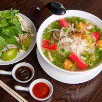 N8. Seafood Pho · Served with peeled shrimps, fish balls and crab stick, rice noodles, chicken broth, white on...