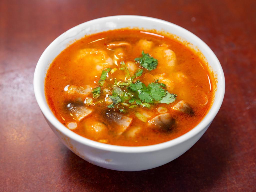 Tom Yum Soup · Mild. thai style hot and sour soup with mushrooms and scallions with choice of chicken, tofu or shrimp.