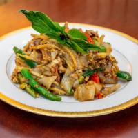 Drunken Noodle · Spicy. stir-fried wide rice noodle with egg, garlic, chili, onion, bamboo shoots, bell peppe...