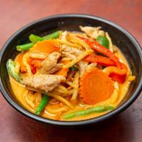 Red Curry · Spicy. red chili paste, bell peppers, mushrooms, carrot bamboo shoots and basil leave.