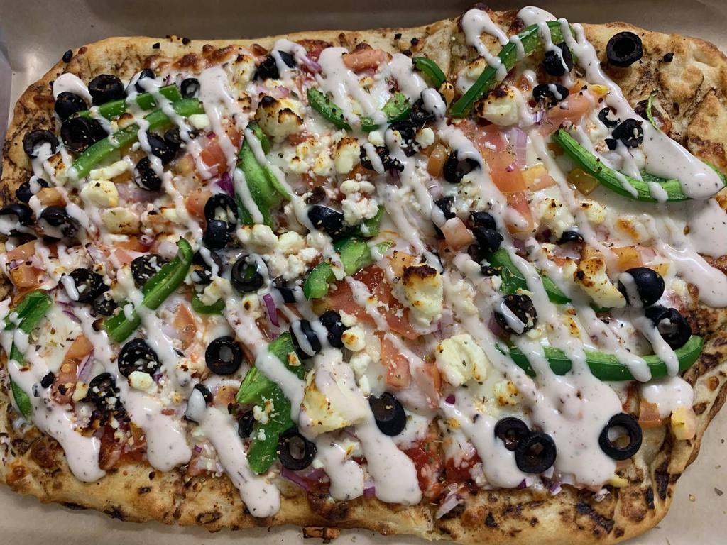 Greek Pizza · Tomato, olives, green pepper, red onion and feta cheese.