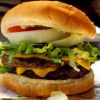 Double Cheese Burger · 2 burger patties, 2 slices cheese, mayonnaise, mustard, tomato ketchup, onions, lettuce, and...