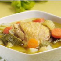 Chicken soup (caldo de pollo) · Chicken soup, rice, onion, cilantro, lemon, chile and tortillas.