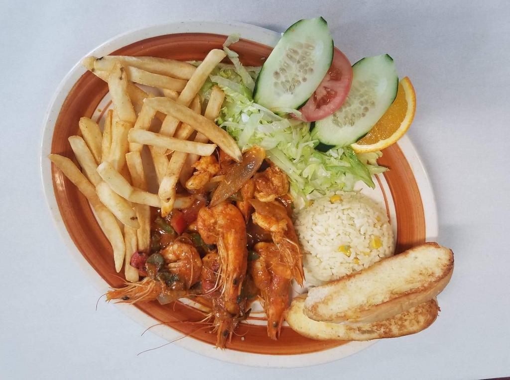 Diabla Shrimp · Hot spicy shrimp served with salad, beans, rice and tortillas.