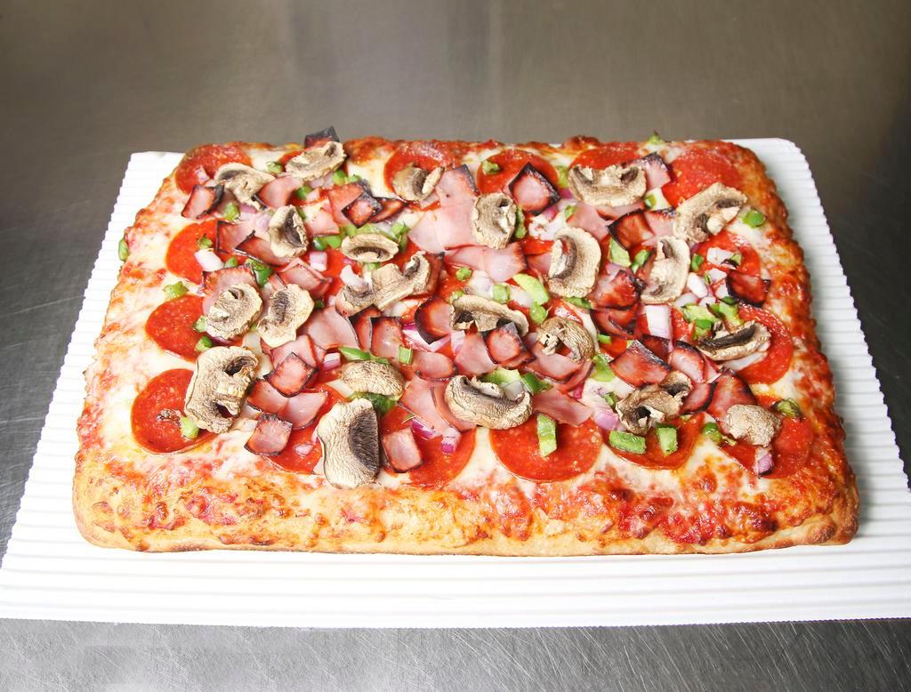 Supreme Pizza · Mozzarella cheese, pepperoni, ham, mushrooms, green peppers and onions.