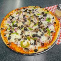 Vegetarian Pizza · Topped with mushrooms, tomatoes, green peppers, onions, and olives.