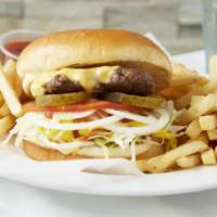 Firehouse Burger · Lettuce, tomato, onions, ketchup, mustard, pickles, cheese, mayo.