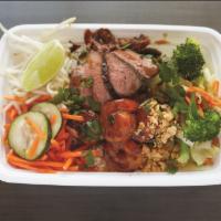 Surf Vietnam Box · All toppings no jalapenos and a side of tamarind vinaigrette. Add garlic and soy glazed stea...