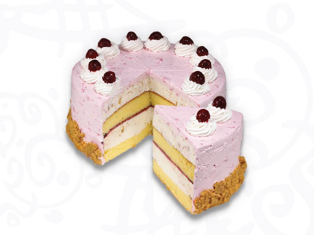 Cheesecake Name Desire Cake · Layers of moist yellow cake, raspberry sauce and cheesecake ice cream with graham cracker pie crust wrapped in fluffy raspberry frosting