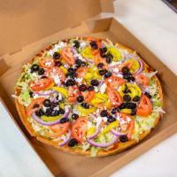 Salad Pizza · Cheesy crust topped with ranch dressing, lettuce, tomato, onion, feta cheese, banana pepper,...