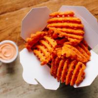 Fries (VG) · Side of sweet potato waffle fries. Contains sesame, gluten, soy, nightshades, and eggs. We c...