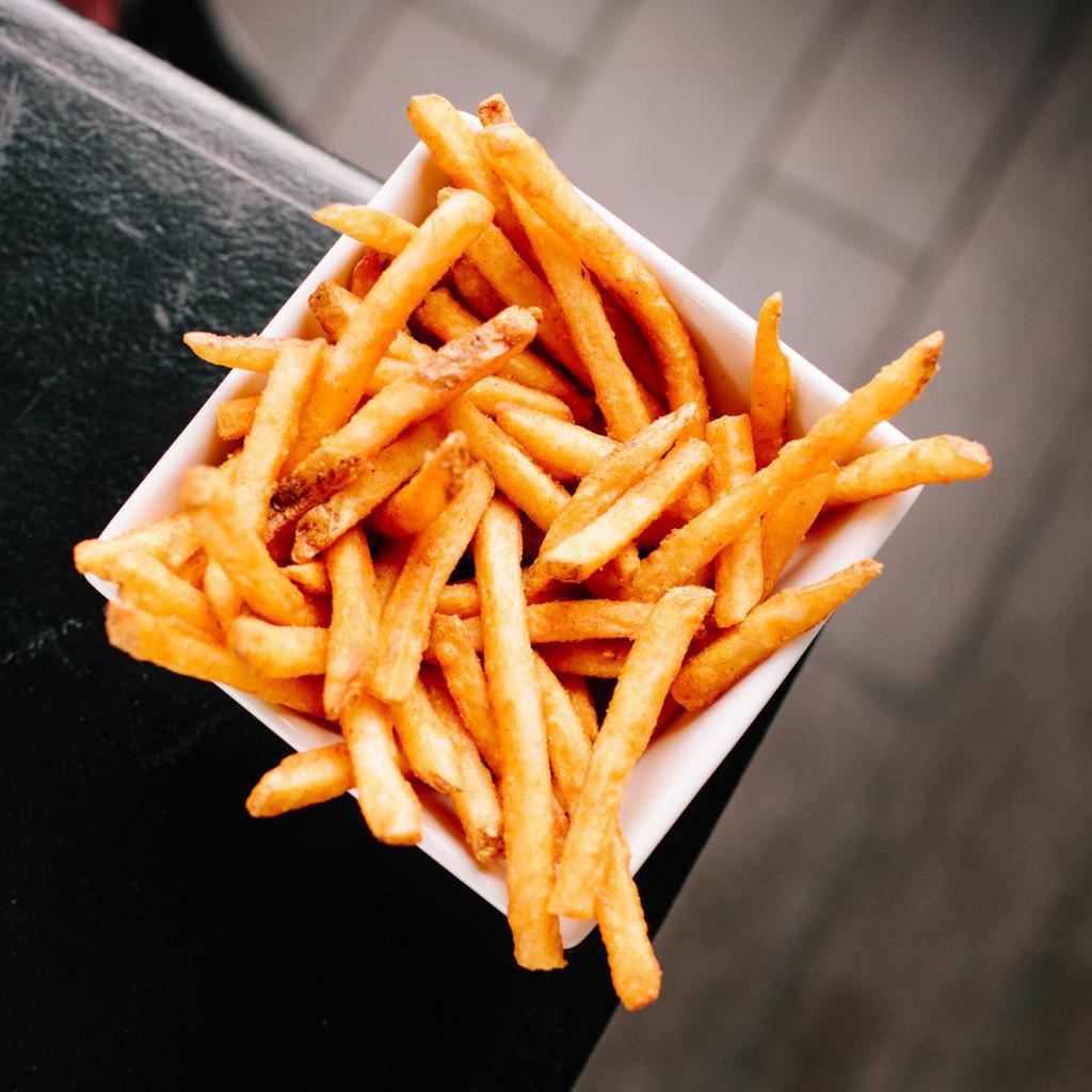 Seasoned Fries (V) · Thin cut fries, seasoned and fried crispy with a packet of ketchup on the side. Contains gluten, peanuts, and nightshades. We cannot make substitutions.