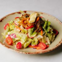 Volare Salad (V, GF) · Chopped lettuce, artichoke, tomato, radish, roasted peppers, carrots, cucumber, provolone, a...