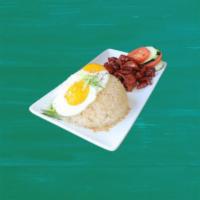 Tocilog · Cured sweet pork, garlic rice, fried egg and a side of tomato and cucumber. 