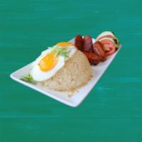 Longsilog · Sweet pork sausage, garlic rice, fried egg and a side of tomato and cucumber. 