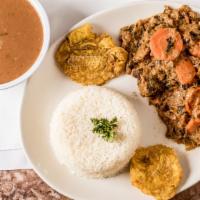 Legume (Cabbage & Beef) · Stew cabbage, pear squash, carrot and beef Served with rice, plantains & salad