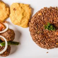 Boullette (Fried Meatball) · Fried ground beef, spices and potato blend meatball served with rice, plantains & salad.
