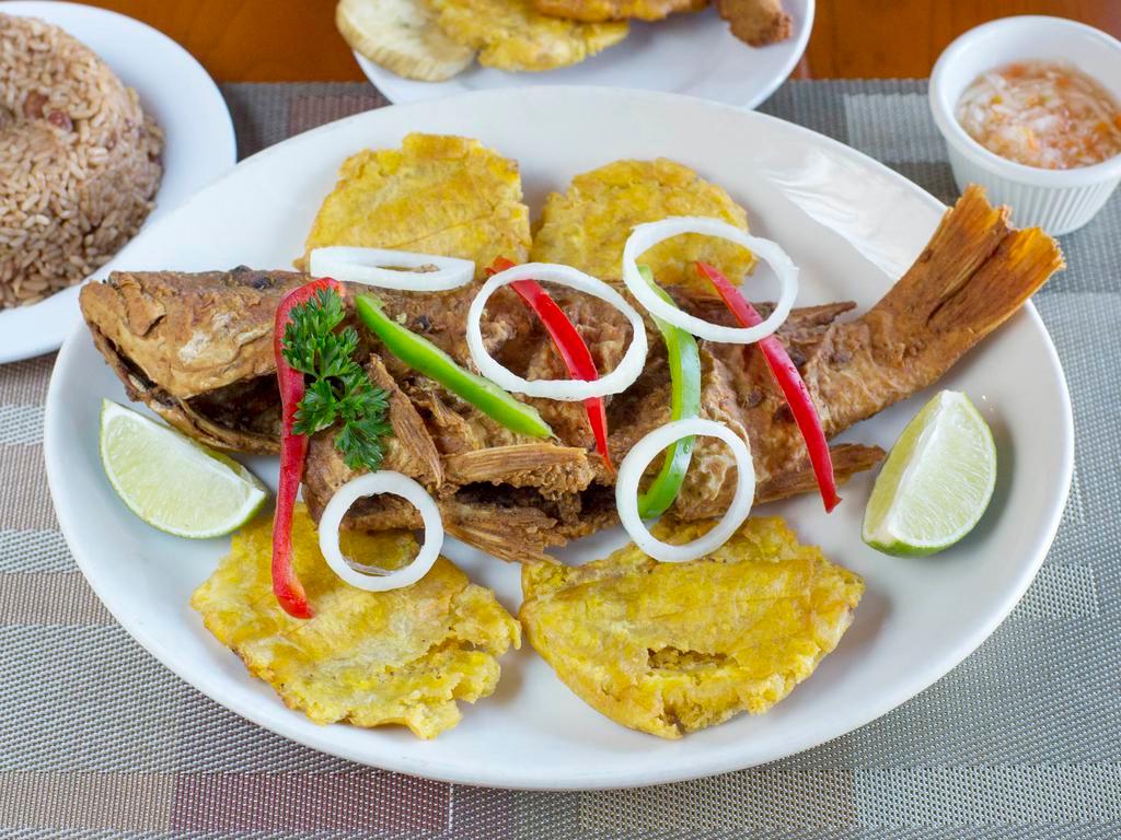 Pwasson (Whole Snapper) · Whole snapper fried, grilled, garlic butter or Creole sauce. Served with plantains and choice of rice and beans, white rice or mixed vegetables.