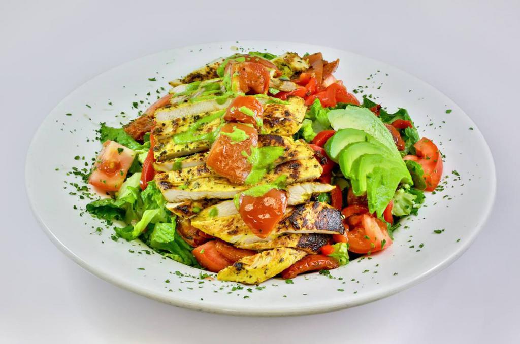 Mediterranean Chicken Salad · All-natural grilled chicken breast, mixed greens, feta cheese, cucumbers, fresh roasted tomatoes, roasted peppers and avocado tossed in balsamic dressing. Gluten-free.