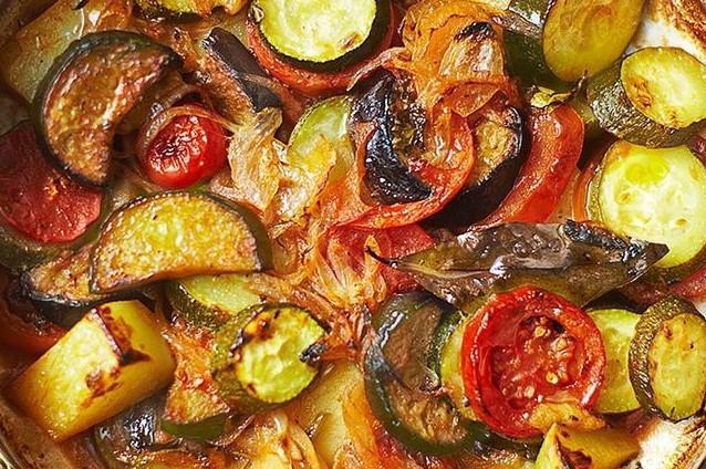 Briam · Fresh zucchini, eggplant, red & green peppers, onions, garlic and sliced potatoes in a hearty tomato sauce.
