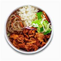 Hot Bop · Korean style BBQ pork. Served with rice, cabbage mix, and noodle.
